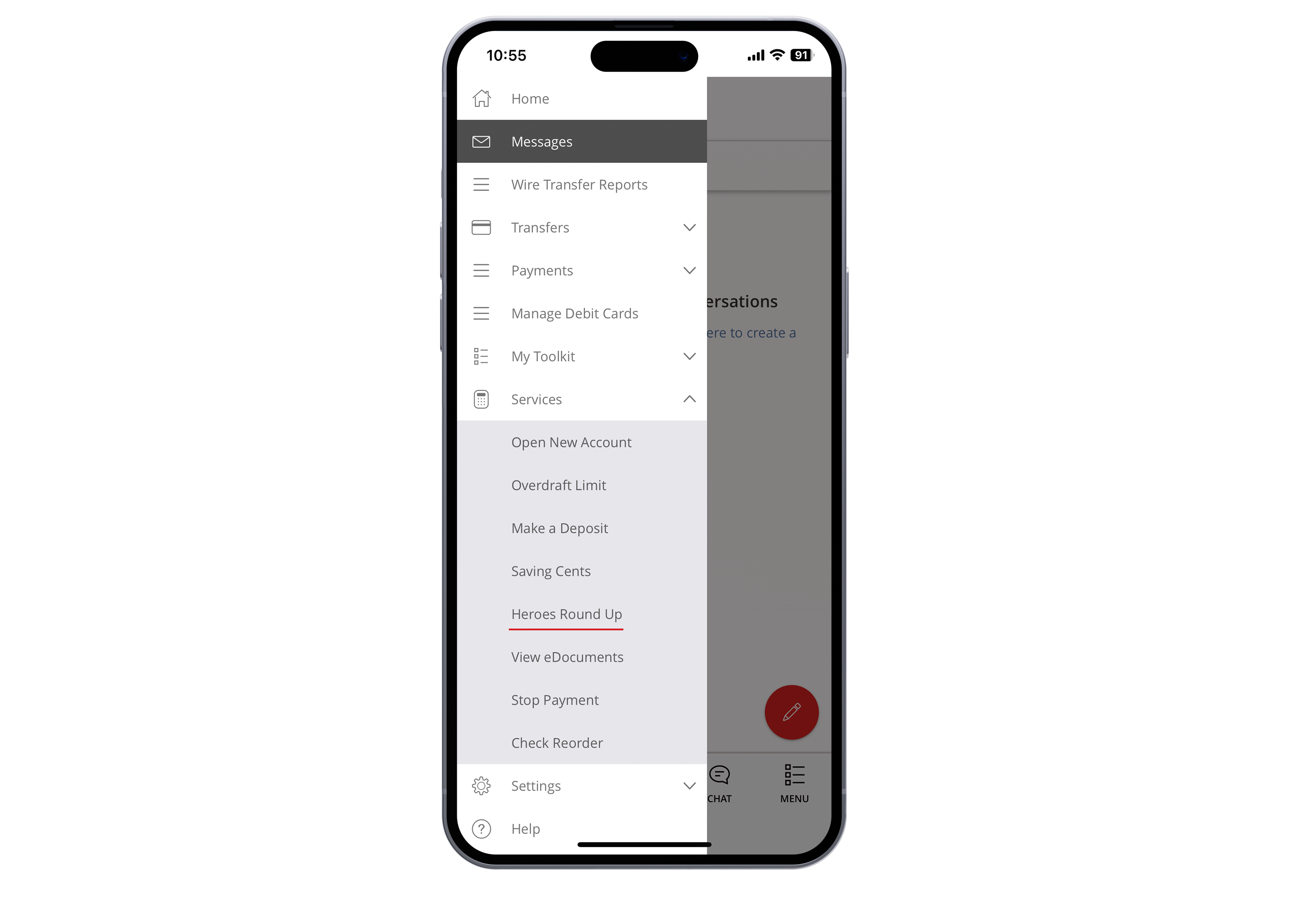 mobile phone showing where to find Heroes Round Up in digital banking