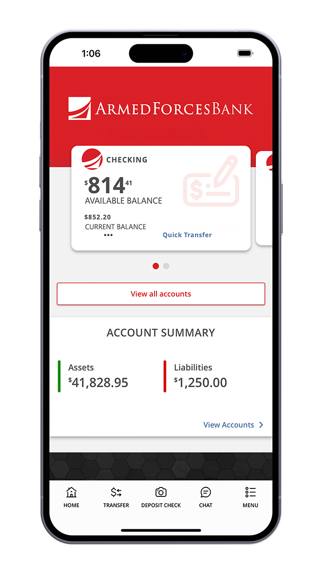 phone screen of mobile banking homepage