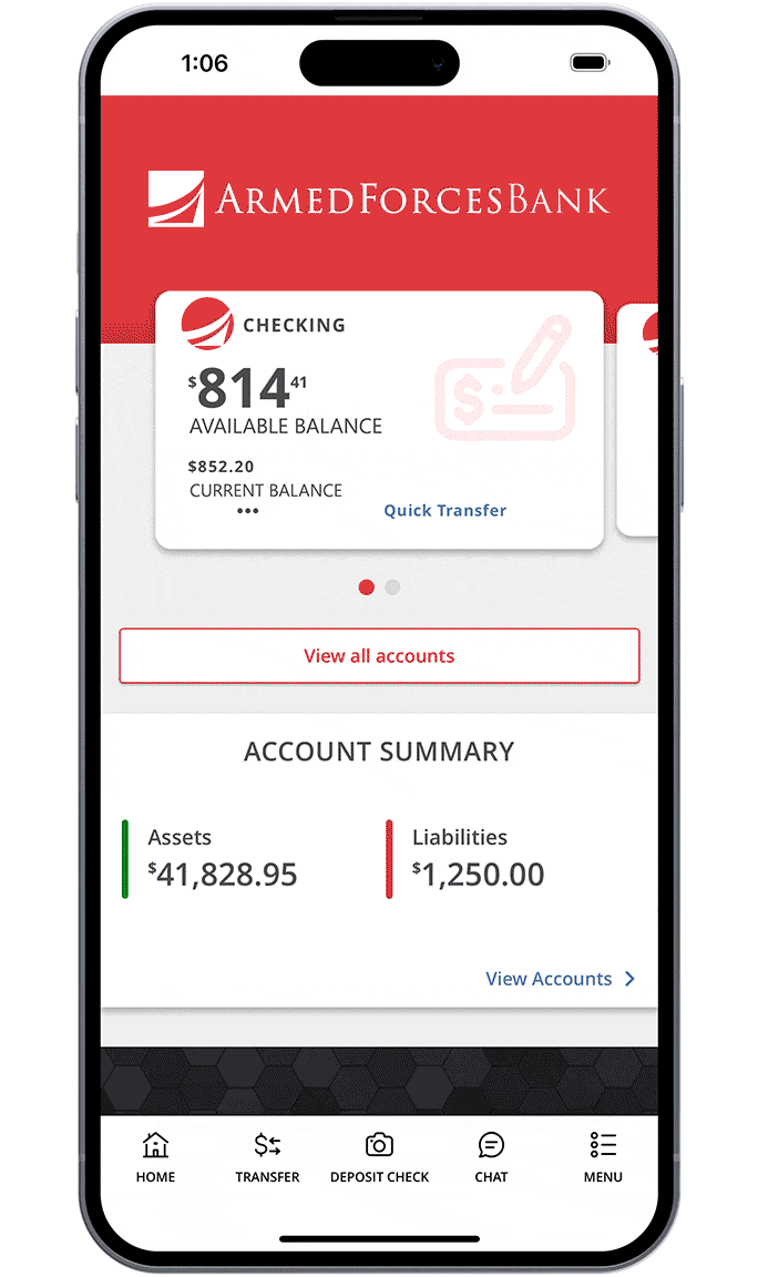 mobile phone showing available balance and account summary view in digital banking